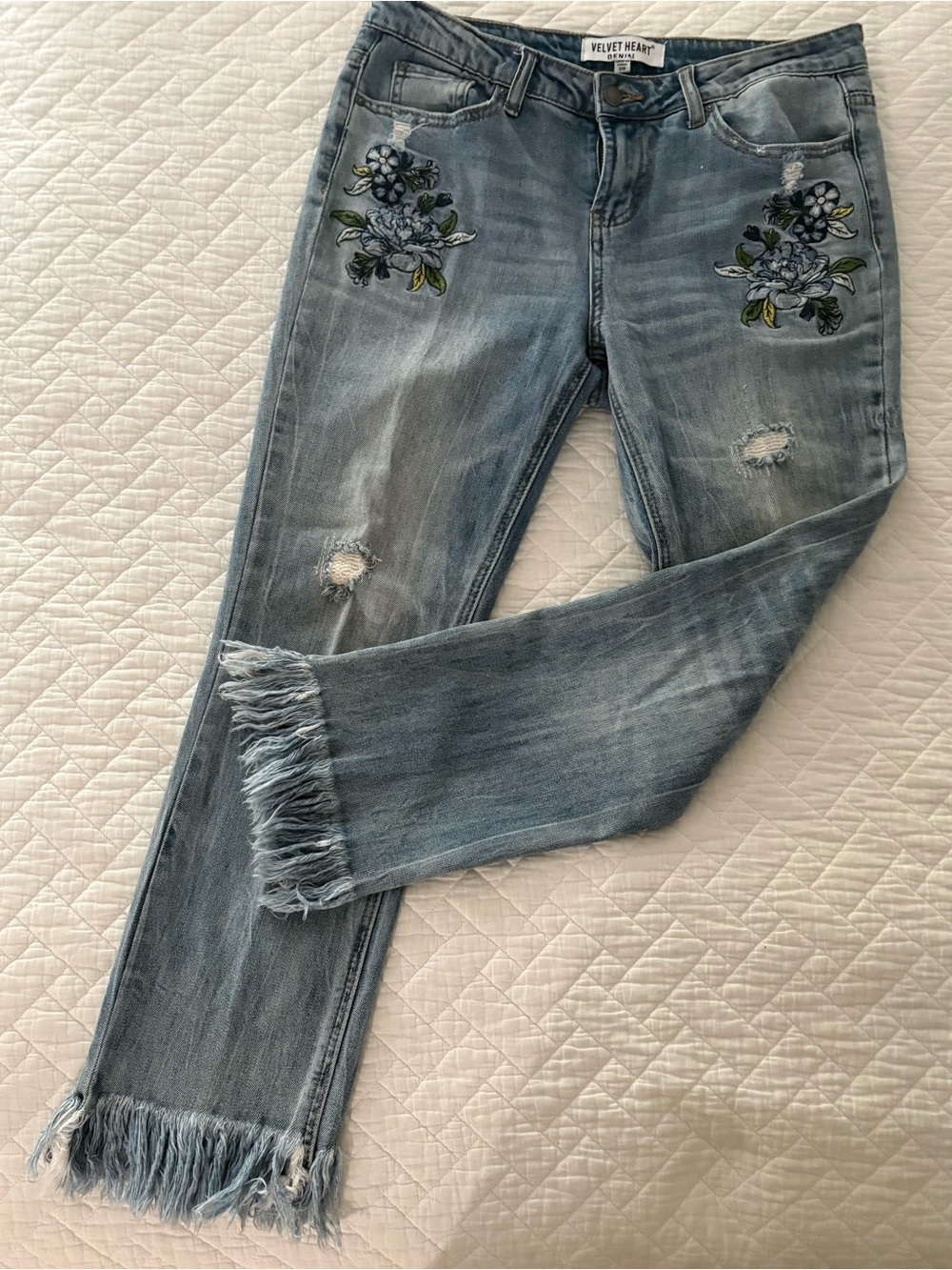 Velvet Heart Light Blue Embroidered Distressed Frayed Hem Jeans